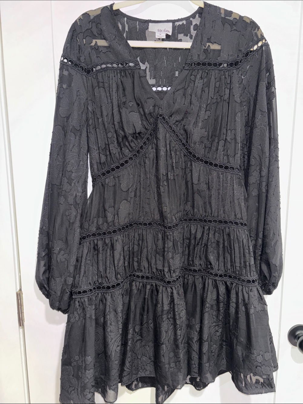 Black Eyelet Lace Tiered Mini Dress burnout arms, lined beautiful